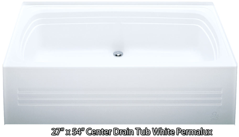 White Permalux Center Drain Tub, 54 Inch Acrylic Bathtub