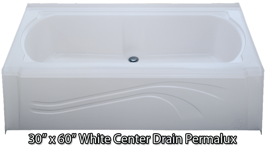 60 White Permalux Center Drain Tub, Left Drain Bathtub Kit